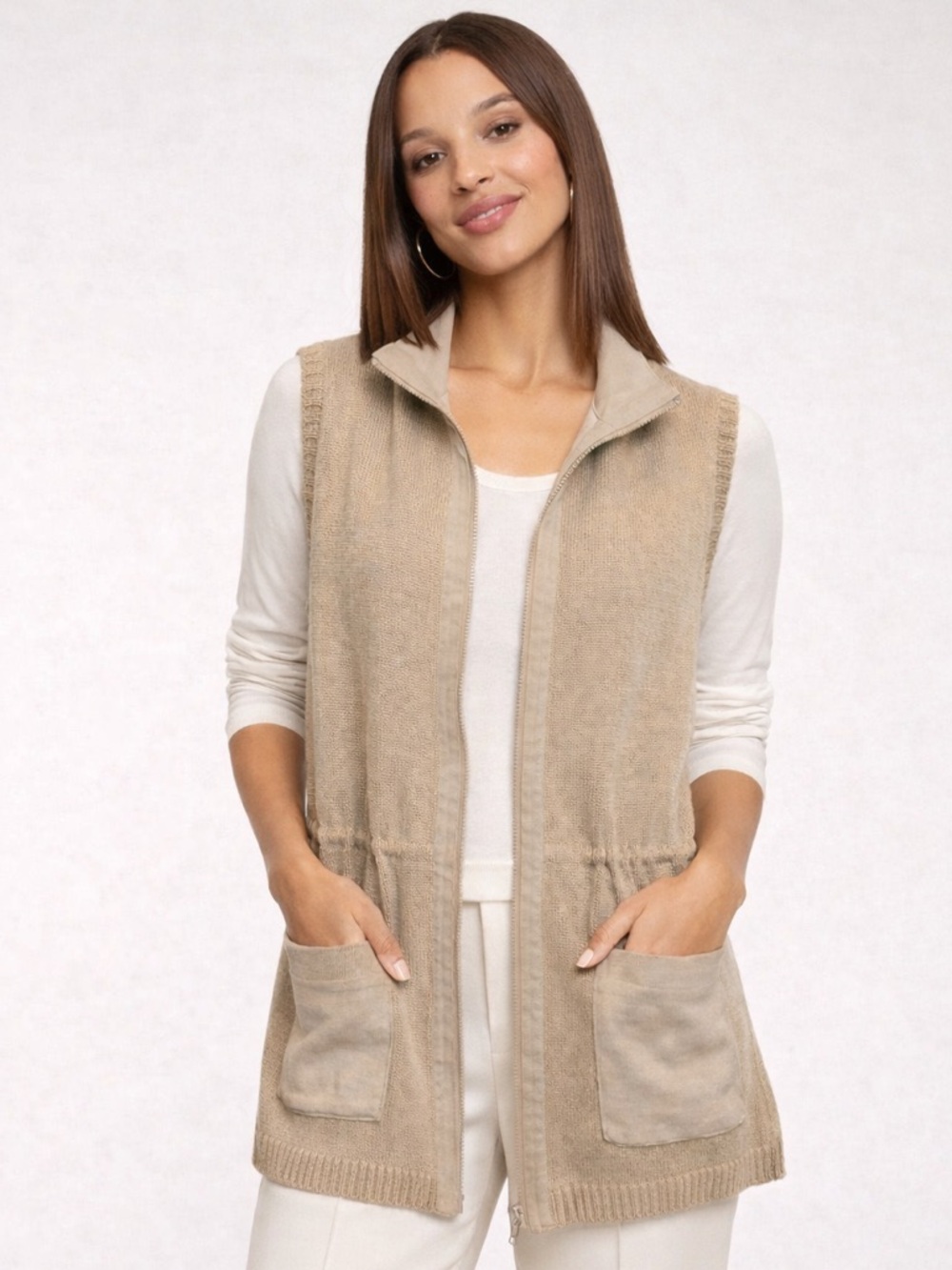 Lafayette 148 NY Hemp Knit Vest LARGE Beige Zip Front Pockets Luxe Minimalist